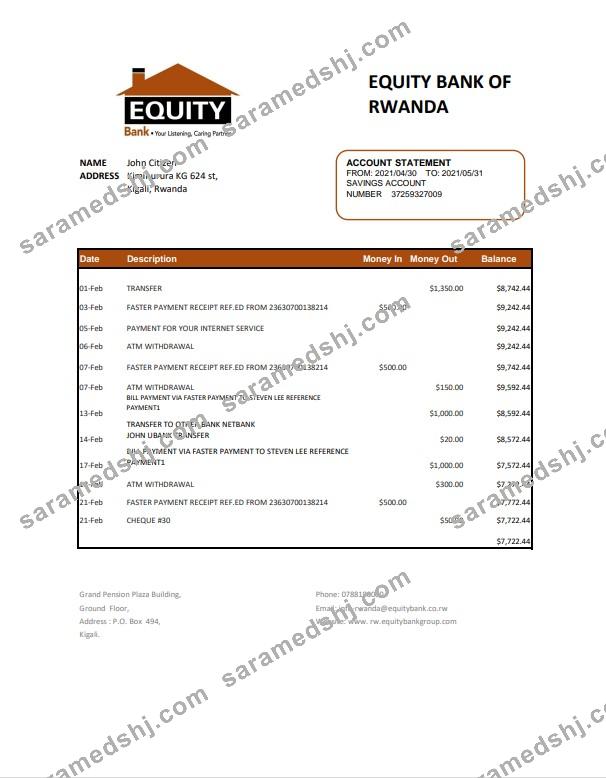 Rwanda Equity Bank statement easy to fill template in .xls and .pdf file format